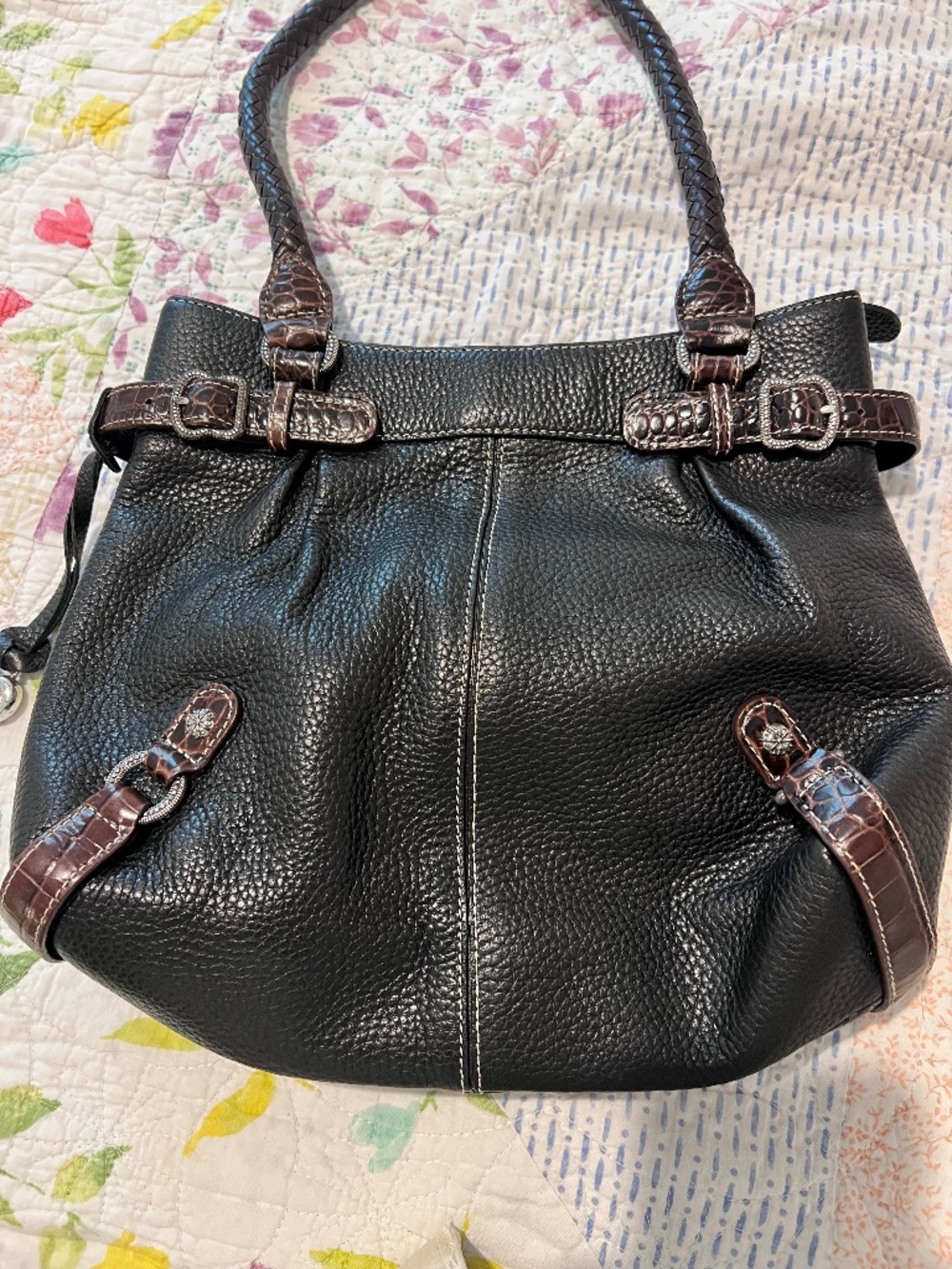 Brighton Black Pebbled Leather Croc Trim Shoulder Tote Bag